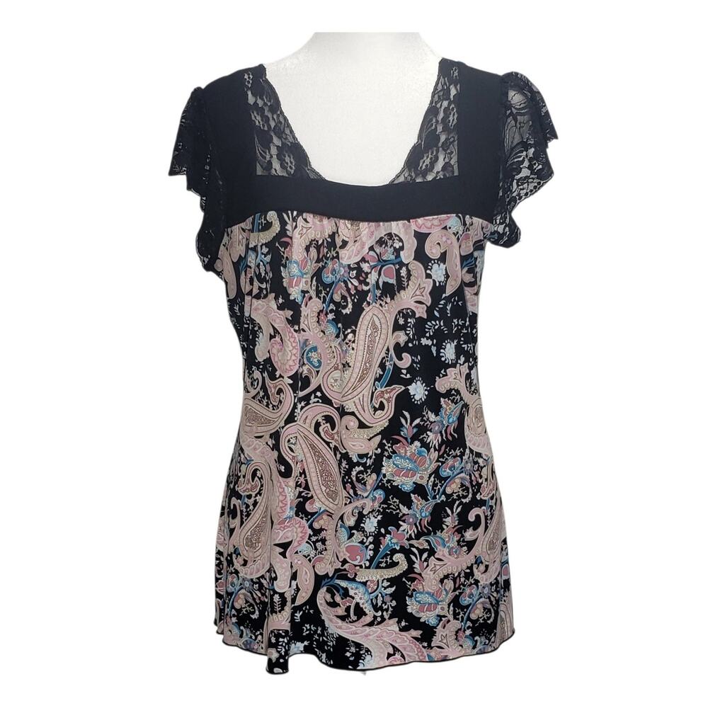 Dress Barn Top S Black Floral Paisley Lace Trim Whimsigoth Dark Coquette Blouse